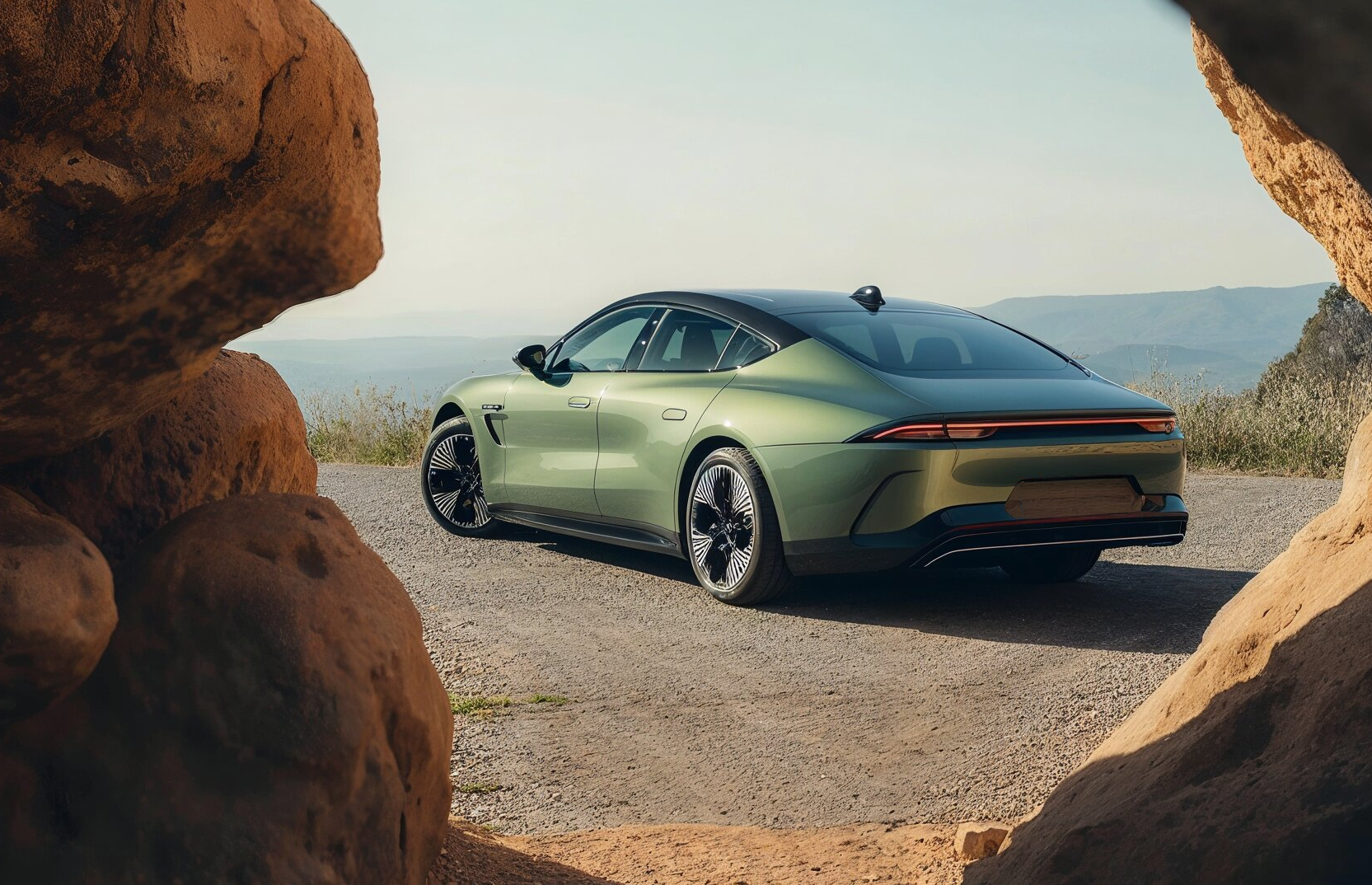 Desert road with car